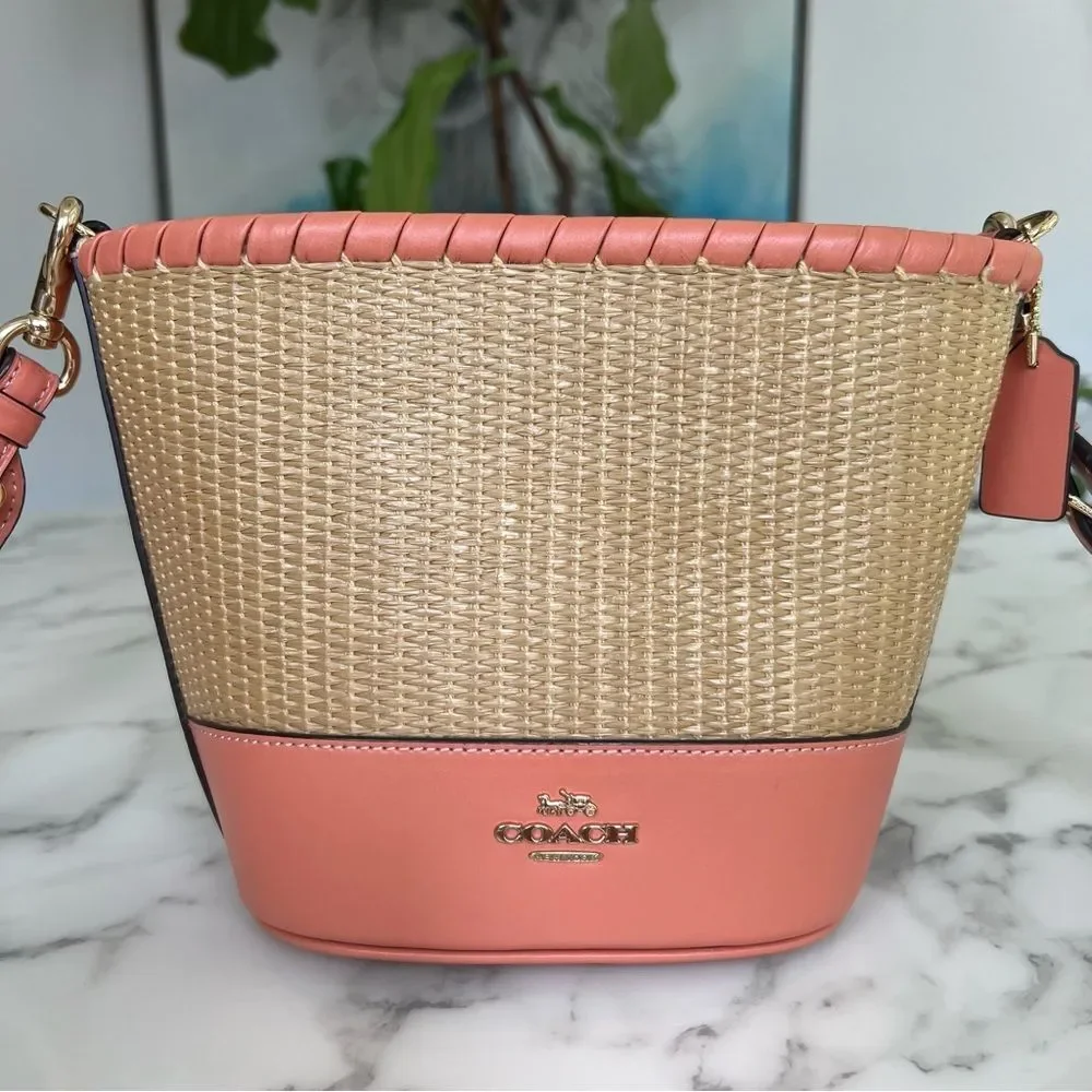 COACH Woven Straw Bucket Bag Crossbody F72707 Natural Light Coral Leather Gold